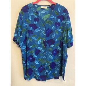 Jaclyn Smith Women’s Button Down Blue Floral Short Sleeve V-Neck Plus Size 16W